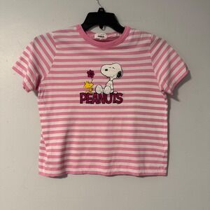 Chinti & Parker Peanuts Snoopy Woodstock Pink White Stripe T Shirt Womens Size S